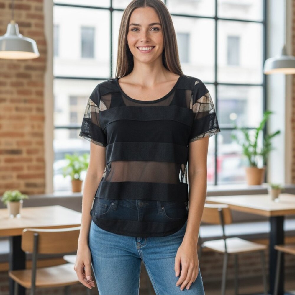 BCBGeneration Black Mesh Paneled Short Sleeve Top